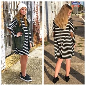 Girls Tween  Black Stripe Dress, Button Down Back